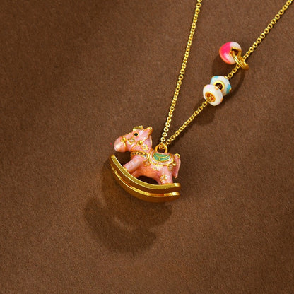 Chinese Zodiac Enamel Rocking Horse Necklace – Pink Macaron Style with High-Temperature Enamel and Gold Accents - STAR8S