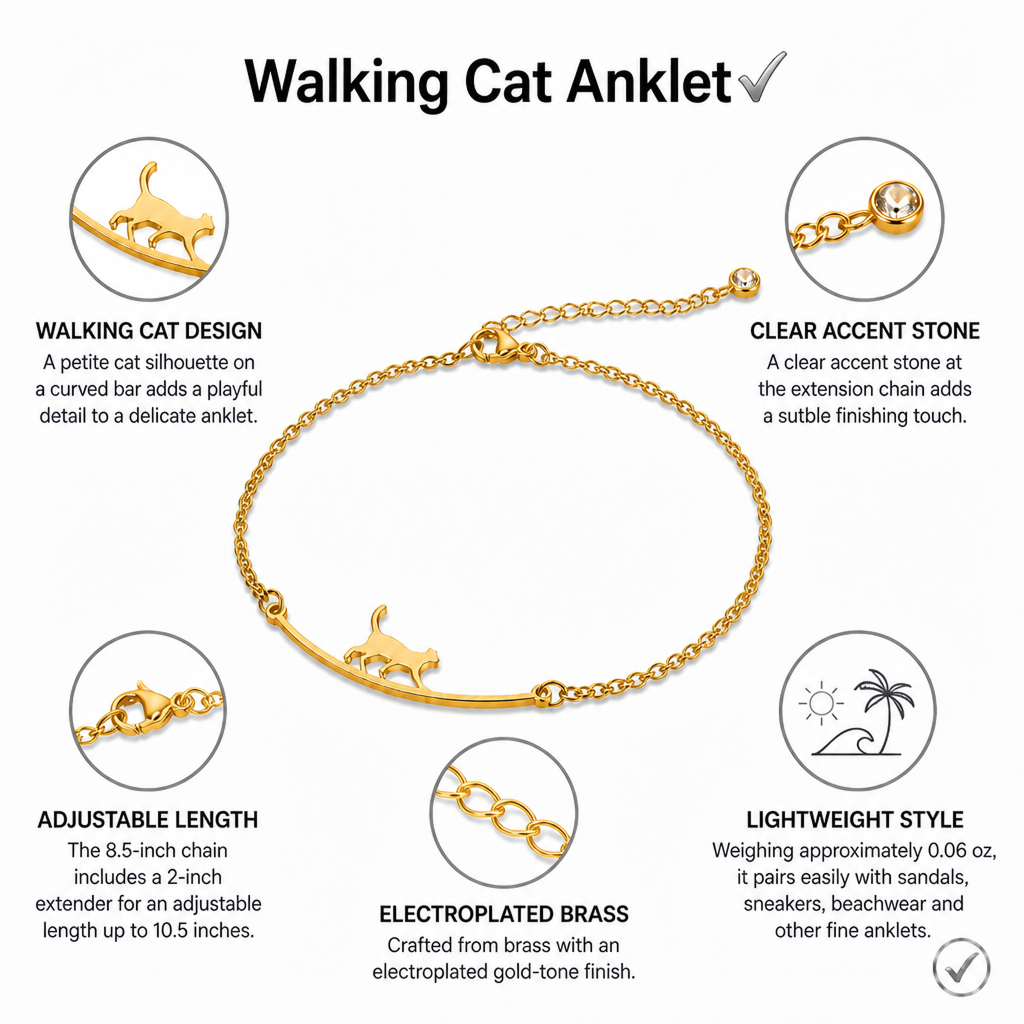 gold-tone walking cat anklet for women, electroplated brass adjustable ankle bracelet with clear accent stone, dainty summer foot jewelry