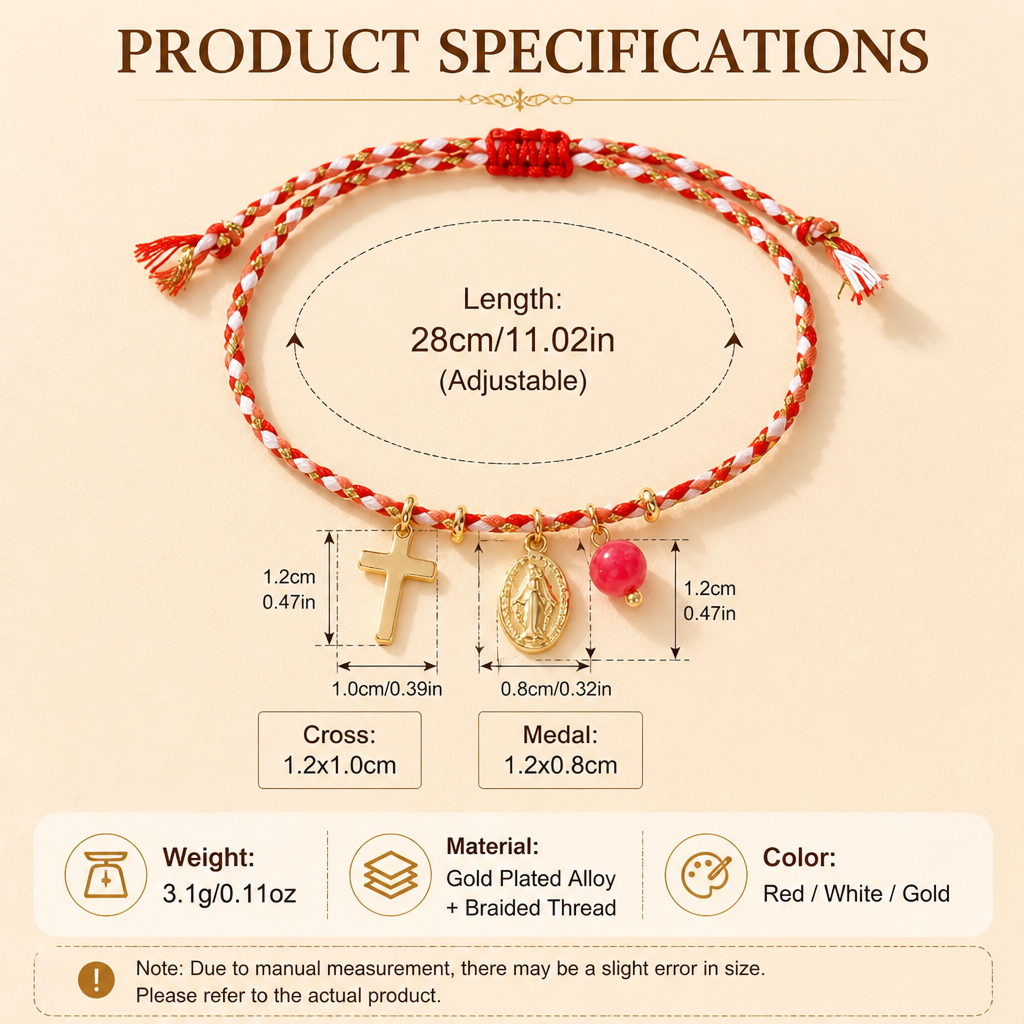 handmade woven cord bracelet for women men gold plated cross pendant oval virgin mary miraculous medal adjustable protection blessing braided cotton rope jewelry gift