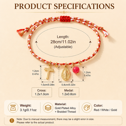 Handmade Woven Cord Bracelet for Women Men Gold Plated Cross Pendant Oval Virgin Mary Miraculous Medal Adjustable Protection Blessing Braided Cotton Rope Jewelry Gift