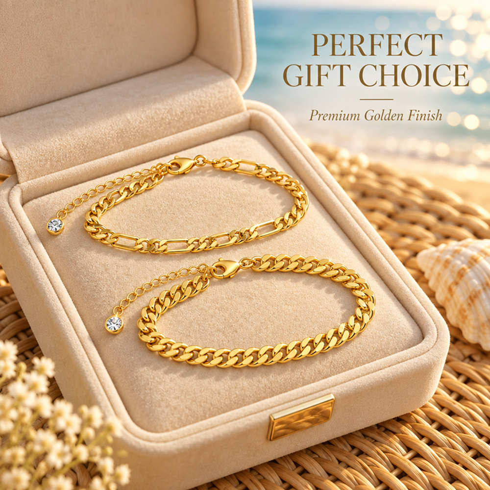 gold-tone stainless steel anklet set, cuban and figaro chains with adjustable extenders, 2 pieces