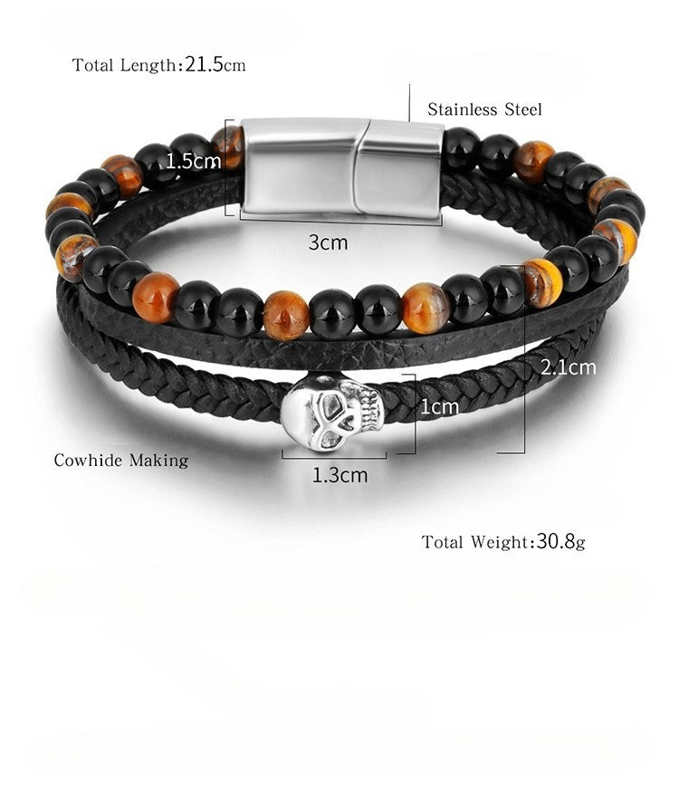 men’s stainless steel bracelet – leather & tiger’s eye beads with skull charm - star8s