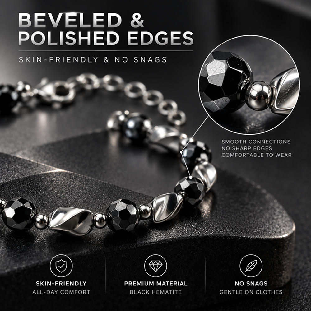 black hematite beaded bracelet for men and women, geometric faceted round beads with polished silver-tone twisted accents, lobster clasp and adjustable extension chain, modern minimalist style for everyday streetwear, watch stacking and casual outfit
