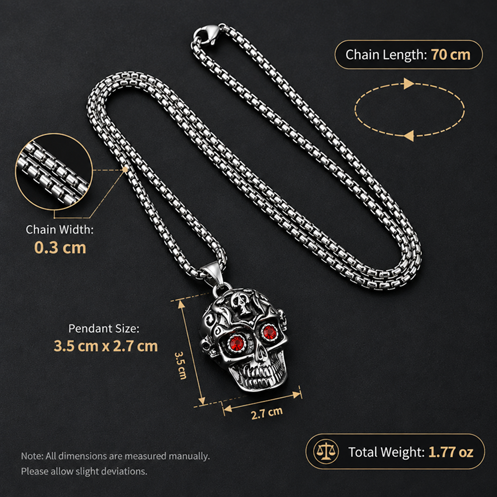 men's stainless steel skull pendant necklace with red eye accents
