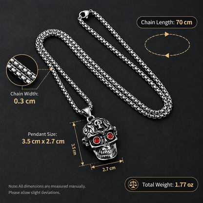 Men's Stainless Steel Skull Pendant Necklace with Red Eye Accents