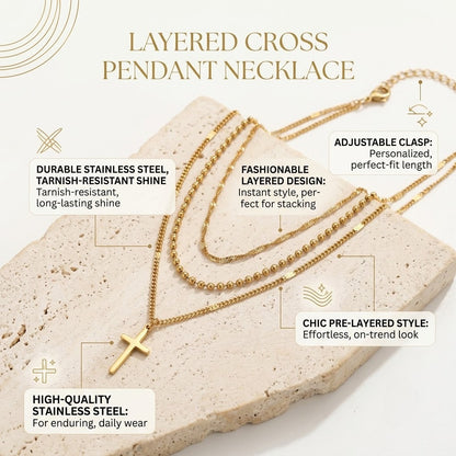 Stainless Steel Layered Cross Necklace for Women Gold Tone Multi Strand Layered Chain Necklace Dainty Bead Ball Chain Twisted Wave Choker Christian Cross Pendant Faith Jewelry Gift