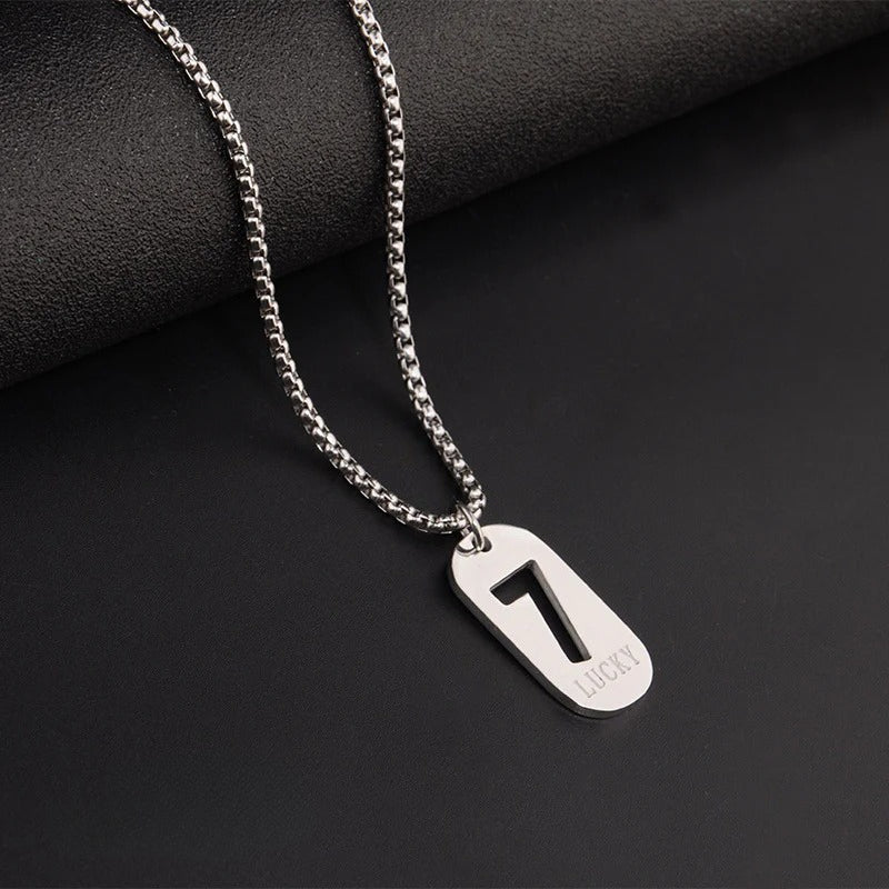 lucky number 7 pendant necklace for men women premium titanium steel dog tag nameplate hip hop punk streetwear jewelry long box chain sweater necklace gift