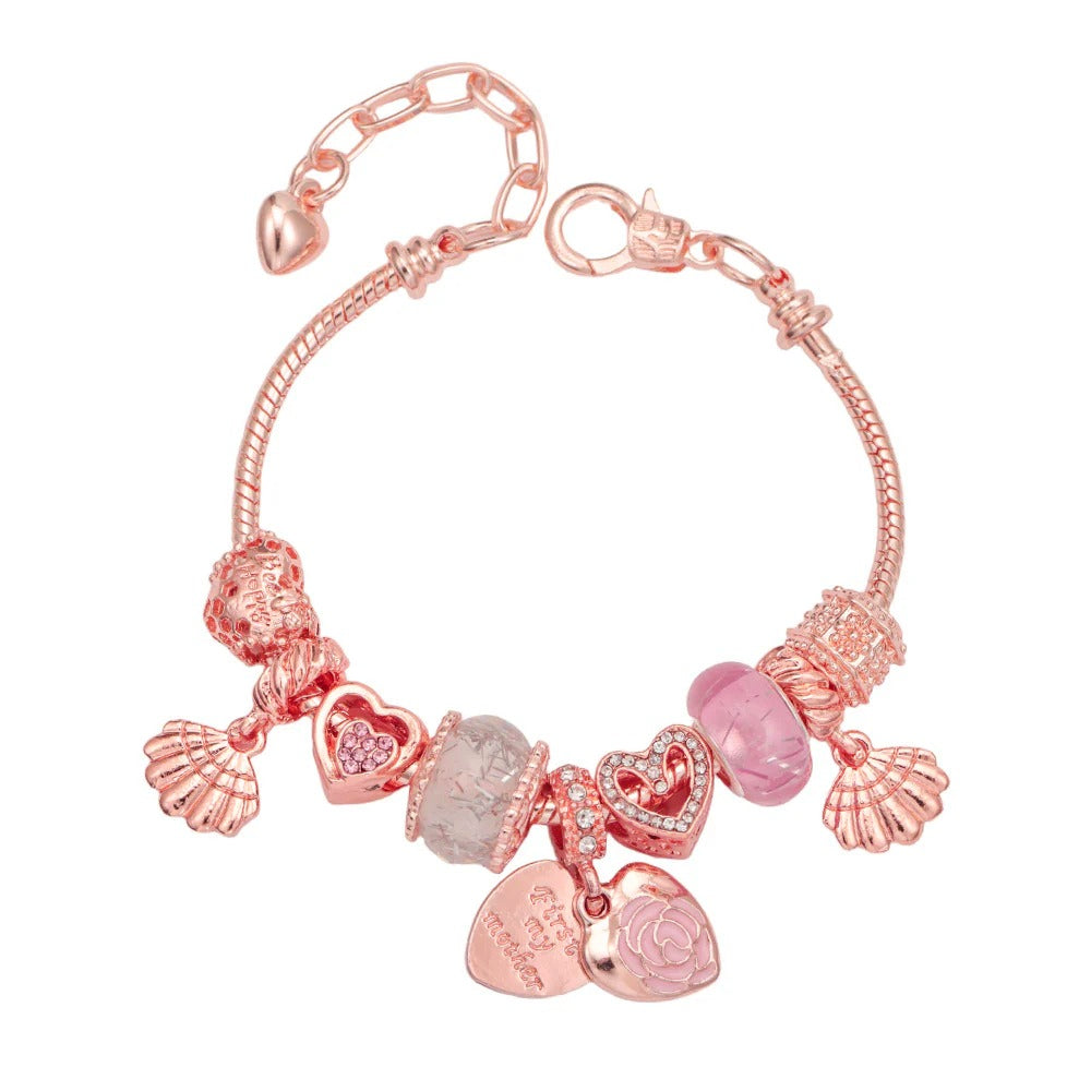 rose charm bracelet for women teen girls sweet rose flower heart pendant bangle layering beaded chain bracelet valentine's day birthday romantic jewelry gift for her