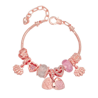 Rose Charm Bracelet for Women Teen Girls Sweet Rose Flower Heart Pendant Bangle Layering Beaded Chain Bracelet Valentine's Day Birthday Romantic Jewelry Gift for Her