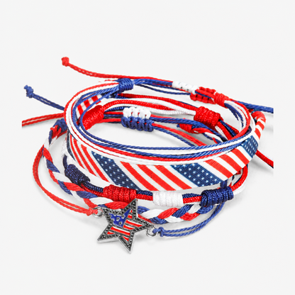 4th of July Patriotic Bracelets Set Red White and Blue Independence Day Braided Rope Bracelets Pack Memorial Day American Flag Star Charm Woven String Stackable Jewelry Gift for Women Men 5Pcs