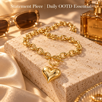 Women's Gold-Plated Brass Puffed Heart Pendant Necklace with Chunky Chain and Toggle Clasp