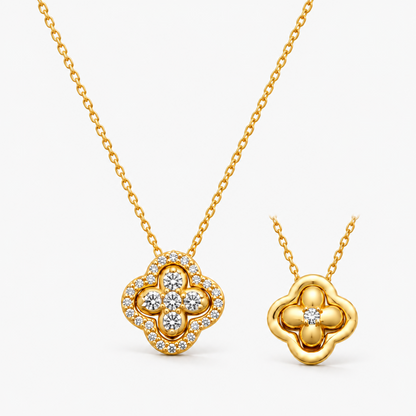 Convertible Four-Leaf Clover Brass Necklace for Women – Gold-Plated Lucky Crystal Pendant, Dainty Choker with Adjustable Link Chain, Valentine's Day Jewelry Gift for Her