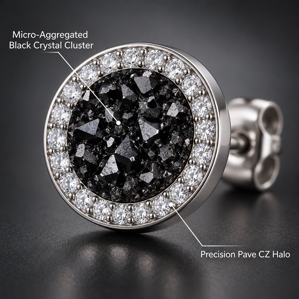 men's titanium steel black cluster stud earrings with clear round halo, 1 pair