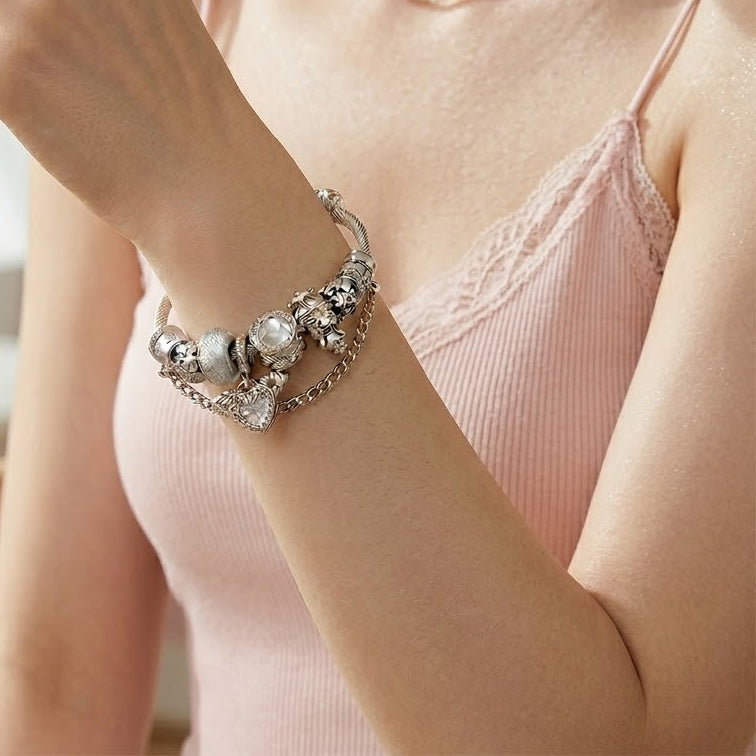 heart charm bracelet for women white cupid heart charm bangle stainless steel snake chain bracelet with angel wings crystal resin beads fairycore aesthetic jewelry gift for her