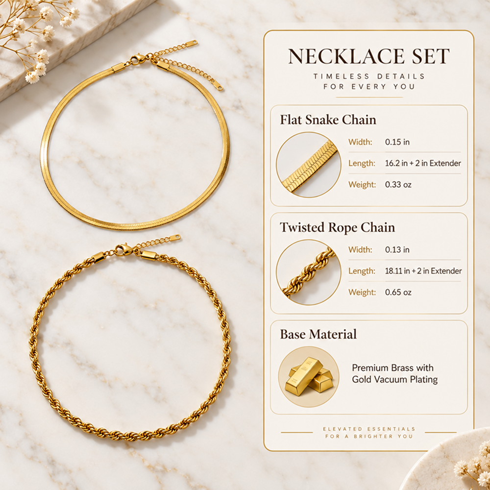 gold-tone brass snake and rope chain necklace set with adjustable extenders, 2 pieces