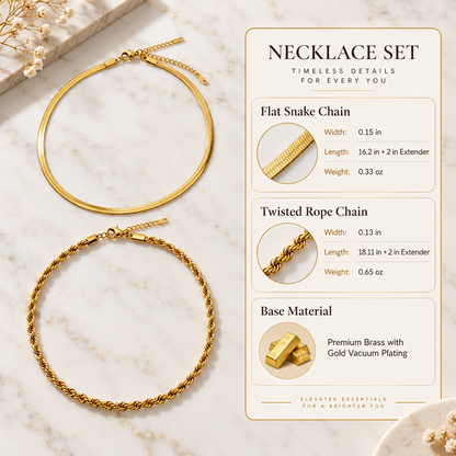 Gold-Tone Brass Snake and Rope Chain Necklace Set with Adjustable Extenders, 2 Pieces