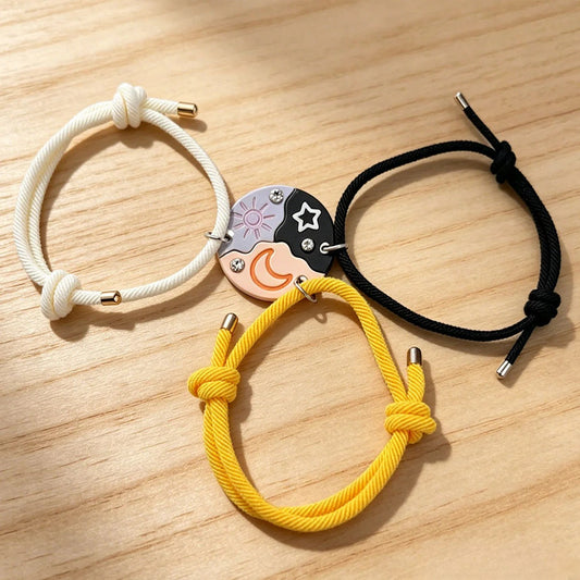 Matching Friendship Bracelets for 3 Best Friends Magnetic Sun Moon Star Pendant Braided Cord Bracelet Set Sweet Trio BFF Graduation Back to School Birthday Gift for Teen Girls Pack of 3
