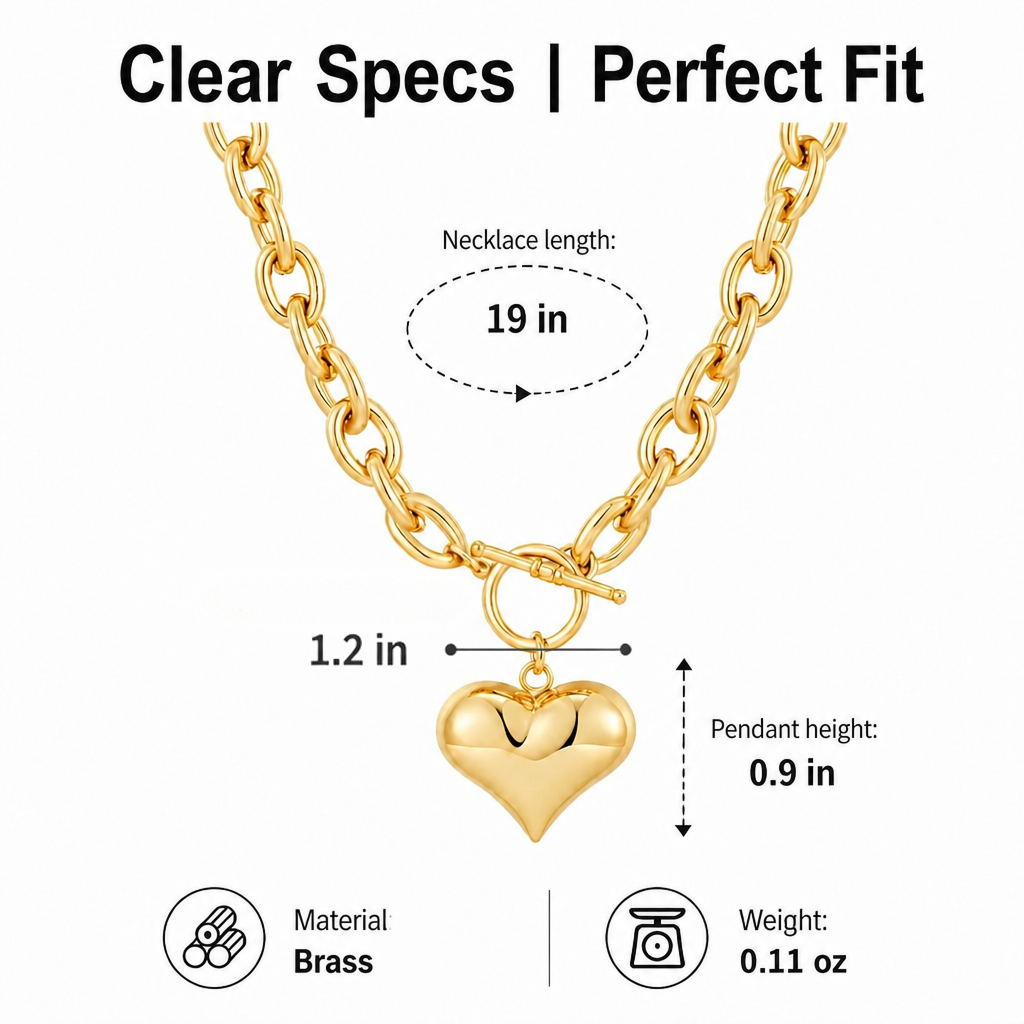 gold plated chunky chain necklace for women puffy heart pendant necklace minimalist bold link chain necklace with front ot toggle clasp jewelry gift