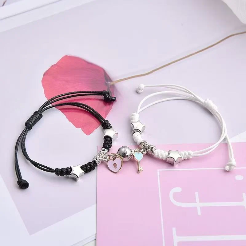 magnetic couples bracelets matching four leaf clover friendship bracelets mutual attraction braided rope cord bracelet set for boyfriend girlfriend long distance relationship jewelry gift black white 2pcs