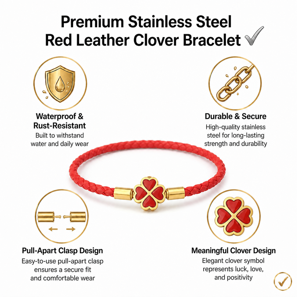 red string bracelet for women men stainless steel four leaf clover braided leather bracelet lucky protection amulet kabbalah red rope wristband friendship jewelry gift 8.3 inches