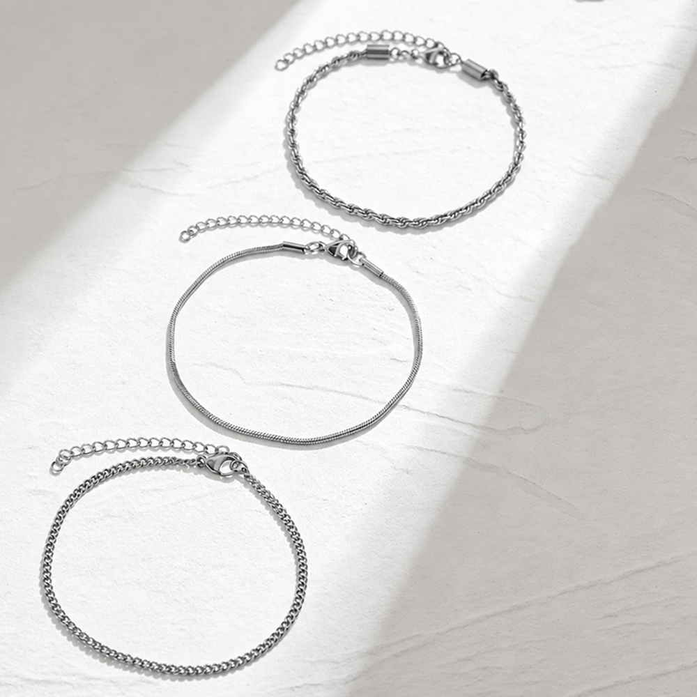 3pcs silver layered chain bracelet set for women stainless steel herringbone snake chain twisted rope chain classic curb link minimalist stackable wristband bundle trendy costume jewelry sets gift for her anniversary
