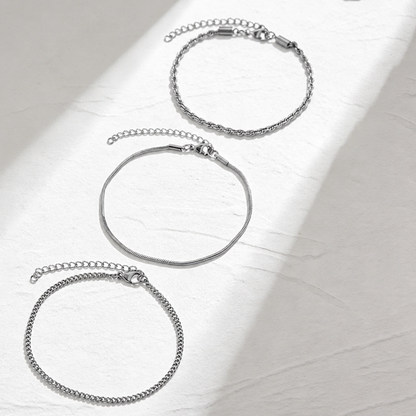 3Pcs Silver Layered Chain Bracelet Set for Women Stainless Steel Herringbone Snake Chain Twisted Rope Chain Classic Curb Link Minimalist Stackable Wristband Bundle Trendy Costume Jewelry Sets Gift for Her Anniversary