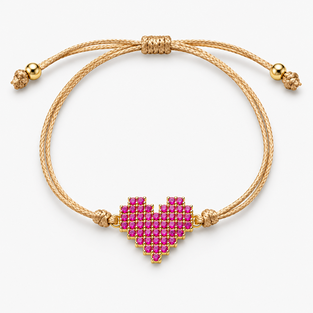 women's adjustable cord bracelet with sparkling pink heart and sliding knot