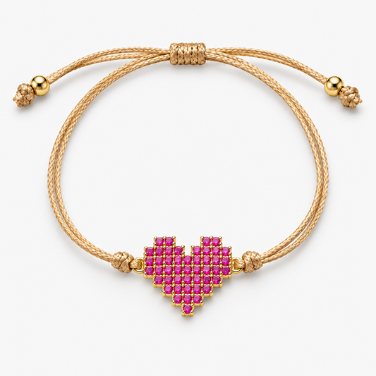 Women's Adjustable Cord Bracelet with Sparkling Pink Heart and Sliding Knot