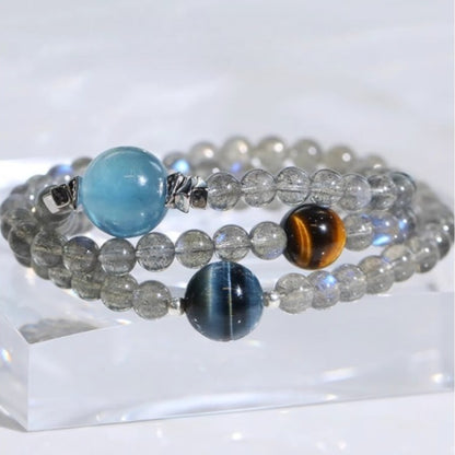 Natural Gray Moonstone Double-Layer Crystal Bracelet with Aquamarine & Tiger Eye | Trendy Women’s Jewelry Gift