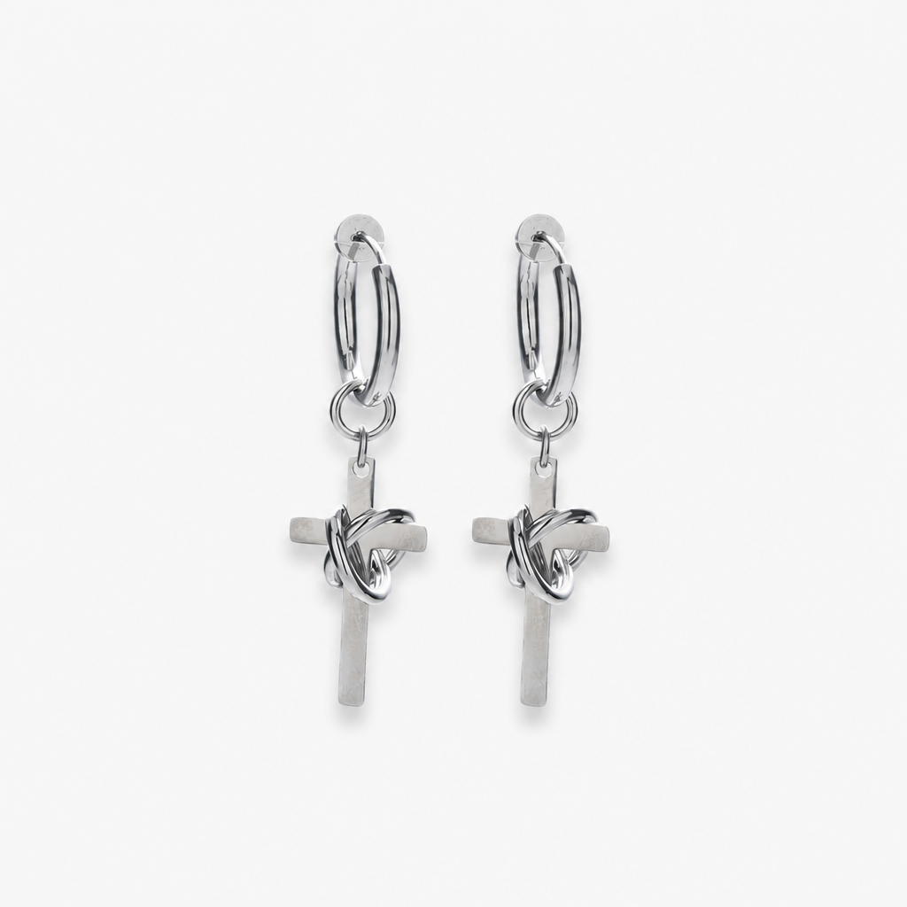 men's cross drop hoop earrings titanium steel non tarnish twisted wire entwined cross dangle earrings punk gothic hip hop ear jewelry streetwear ear clips for men pierced non-pierced silver color
