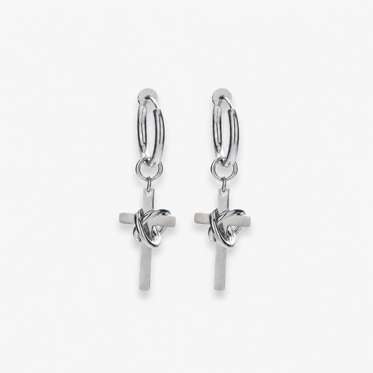 Men's Cross Drop Hoop Earrings Titanium Steel Non Tarnish Twisted Wire Entwined Cross Dangle Earrings Punk Gothic Hip Hop Ear Jewelry Streetwear Ear Clips for Men Pierced Non-Pierced Silver Color