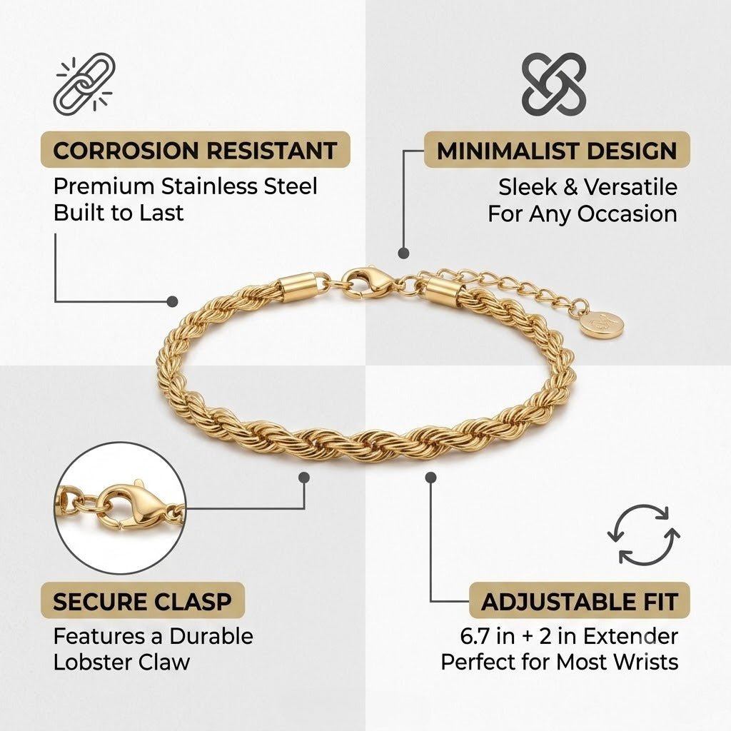 minimalist rope chain bracelet for men premium stainless steel twisted curb link wristband waterproof tarnish-free everyday stackable layering cuff