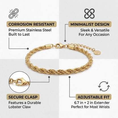 Minimalist Rope Chain Bracelet for Men Premium Stainless Steel Twisted Curb Link Wristband Waterproof Tarnish-Free Everyday Stackable Layering Cuff
