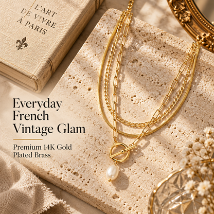 Women's Gold-Tone Brass Necklace Set with Paperclip Toggle, Figaro and Snake Chains, 3 Pieces