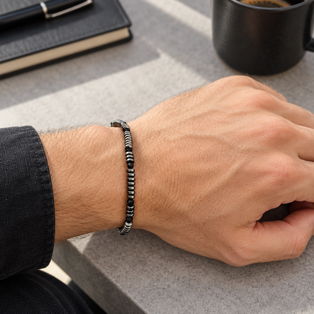 men's black heidan stone beaded bracelet with disc spacers and faceted beads