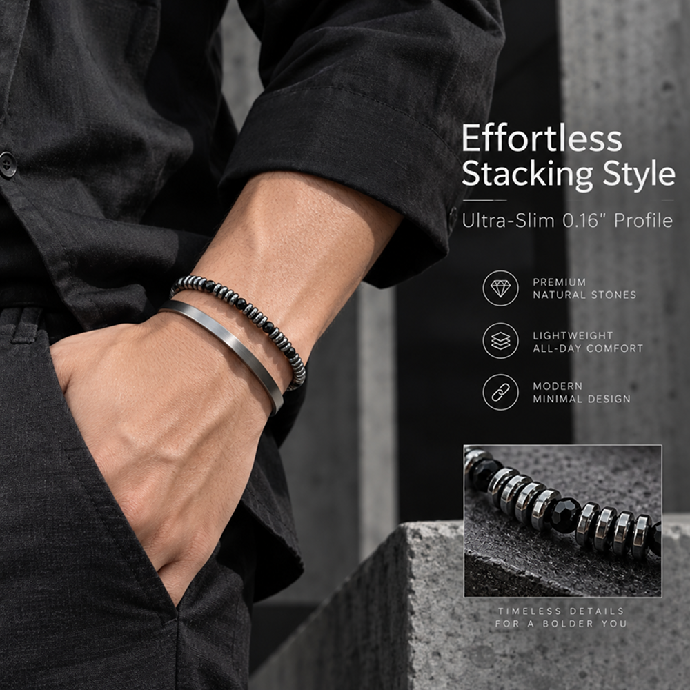 men's black heidan stone beaded bracelet with disc spacers and faceted beads