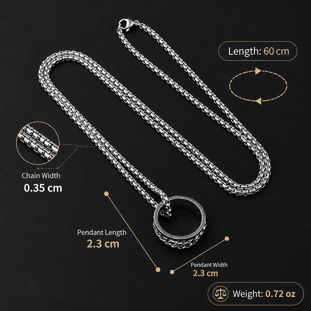 waterproof tarnish-free spinner ring necklace, premium titanium steel rotatable chain pendant, durable minimalist hip hop streetwear fidget anxiety relief jewelry gift
