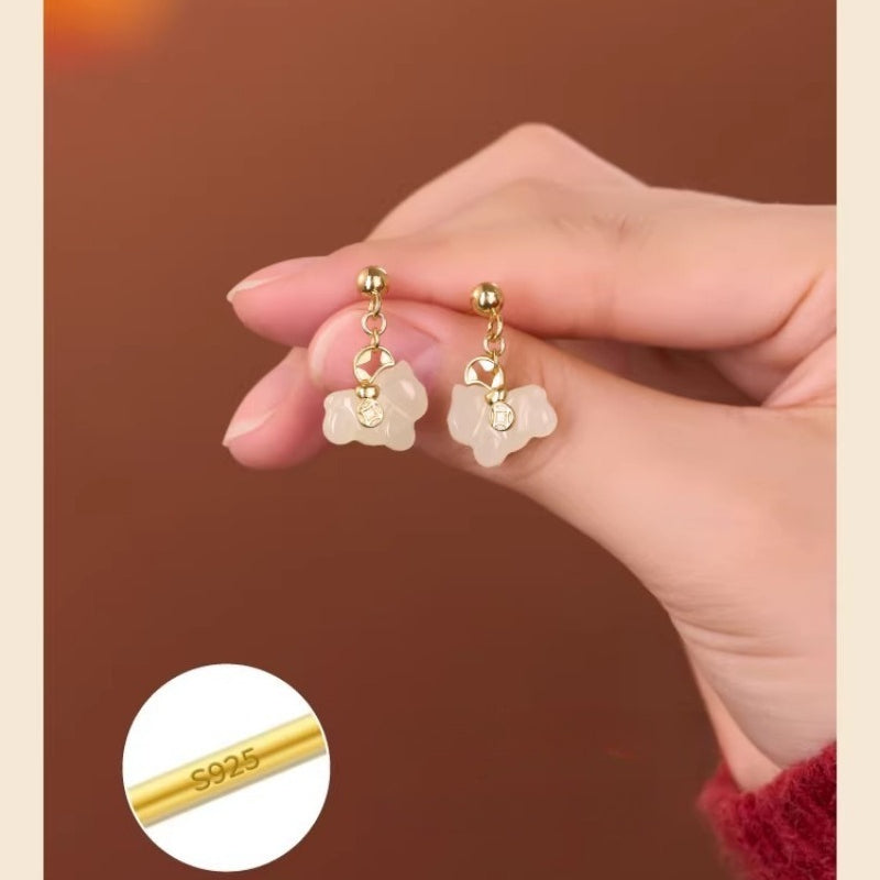 Chinese Zodiac Horse Jade Coin Earrings S925 Silver Gold-Plated for Women - STAR8S