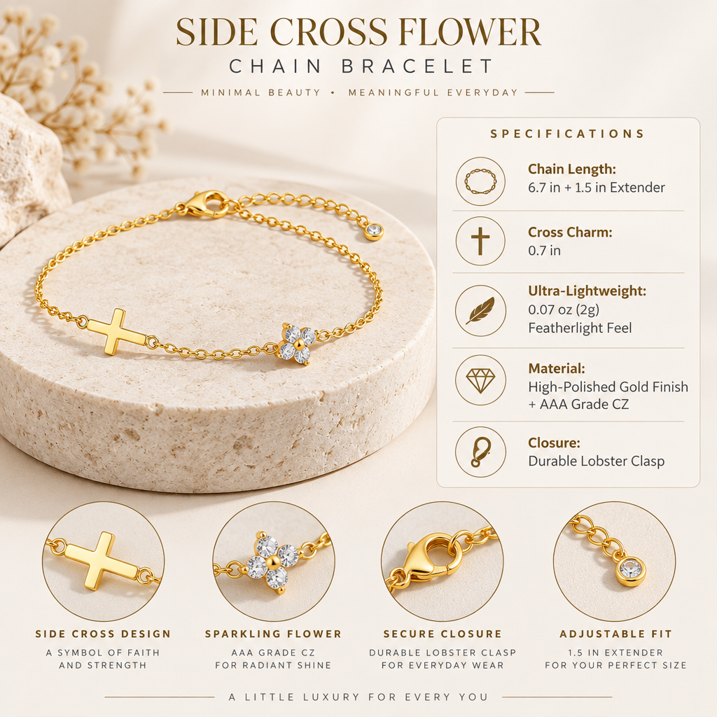 gold-tone cross and clover bracelet for women, electroplated brass adjustable chain with clear stone accents, dainty everyday jewelry