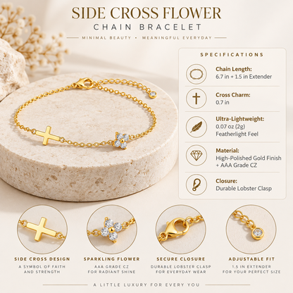 Gold-Tone Cross and Clover Bracelet for Women, Electroplated Brass Adjustable Chain with Clear Stone Accents, Dainty Everyday Jewelry