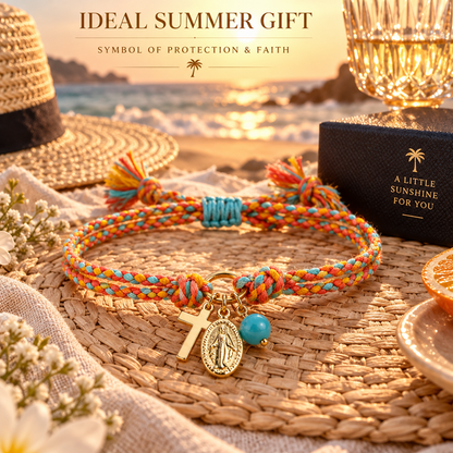 Adjustable Multicolor Braided Bracelet with Copper Cross, Mary Medal and Blue Bead
