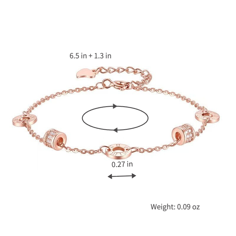 rose gold tone roman numeral bracelet for women, minimalist interlocking circles small waist charm bracelet, crystal pave cubic zirconia dainty chain link jewelry, birthday anniversary gift for girlfriend mother her