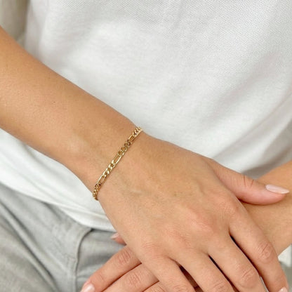Sleek Tarnish Resistant Gold Tone Figaro Link Copper Bracelet High Polish Classic Italian Style Pattern Adjustable Comfort Fit Non-Fading Everyday Waterproof Hand Ornament