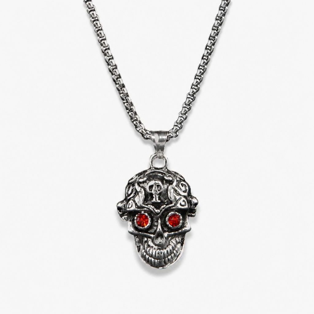 men's punk skull pendant necklace with red rhinestone eyes stainless steel box chain hip hop streetwear gothic biker skull jewelry heavy duty stainless steel pendant for men
