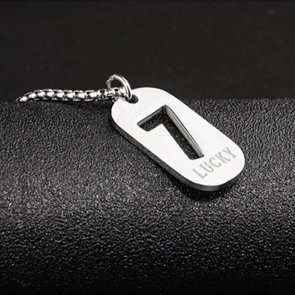 Lucky Number 7 Pendant Necklace for Men Women Premium Titanium Steel Dog Tag Nameplate Hip Hop Punk Streetwear Jewelry Long Box Chain Sweater Necklace Gift