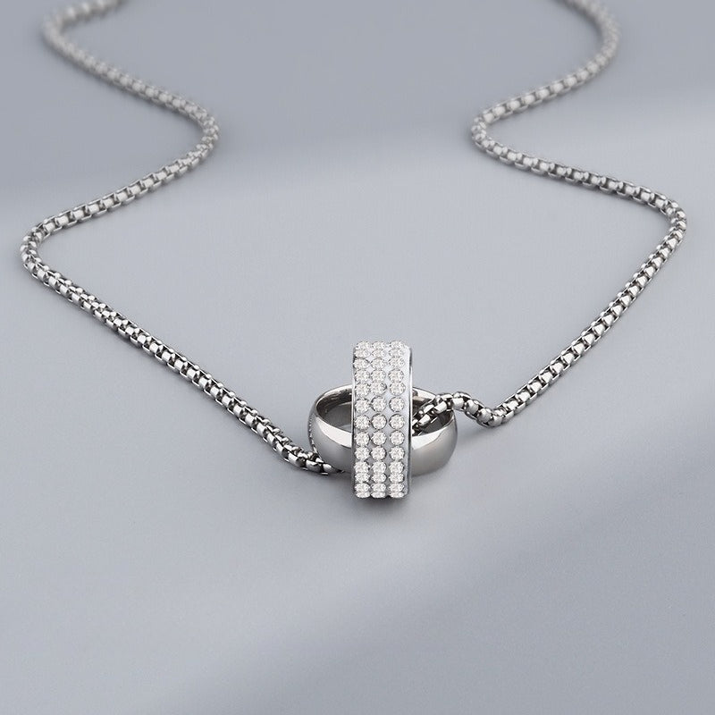 titanium steel double ring pendant necklace for men unisex iced out rhinestone interlocking circle pendant hip hop streetwear box chain high street cyberpunk jewelry