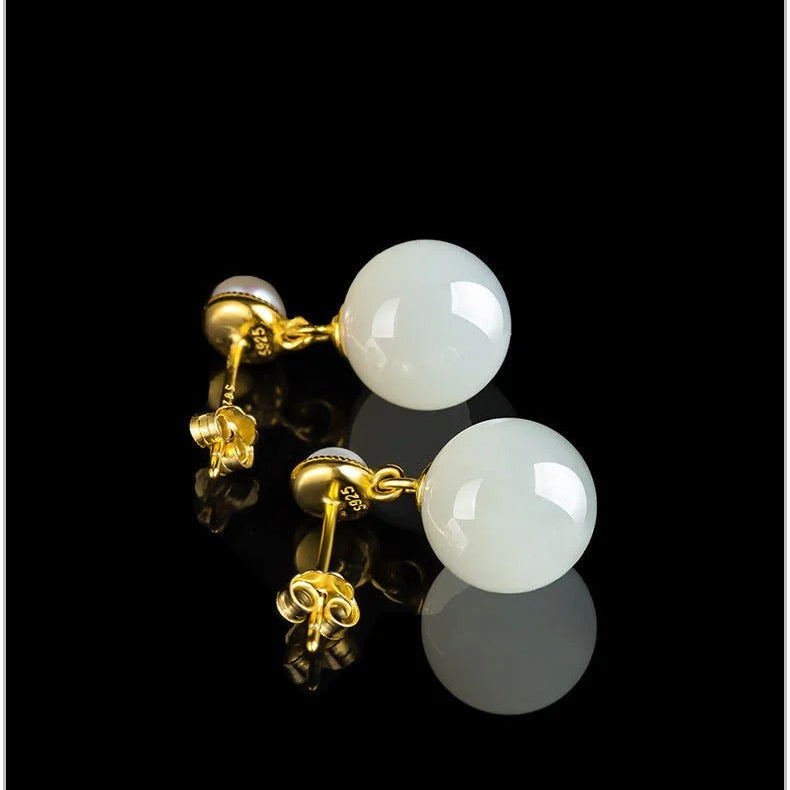 hetian jade & pearl stud earrings | s925 silver inlay