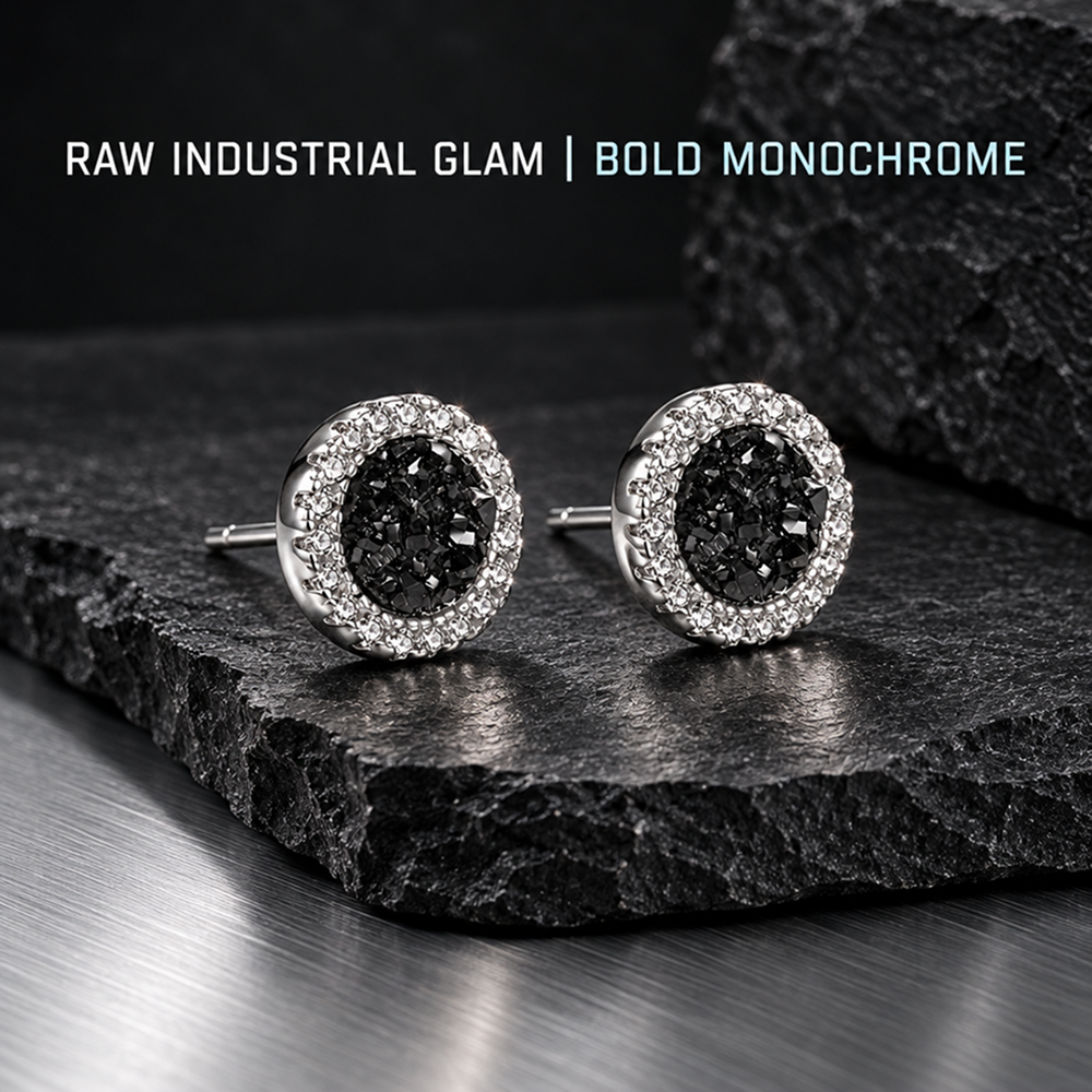 men's titanium steel black cluster stud earrings with clear round halo, 1 pair