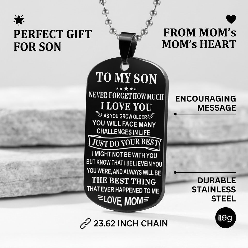 engraved dog tag necklace for son from mom stainless steel military id card pendant inspirational message charm long ball bead chain birthday graduation gift for boys men black silver 23.6" 20g
