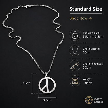 Men's Peace Sign Pendant Necklace Stainless Steel Box Chain Hip Hop Streetwear Vintage Anti-War Symbol Charm Pendant Jewelry Gift for Men Women Unisex